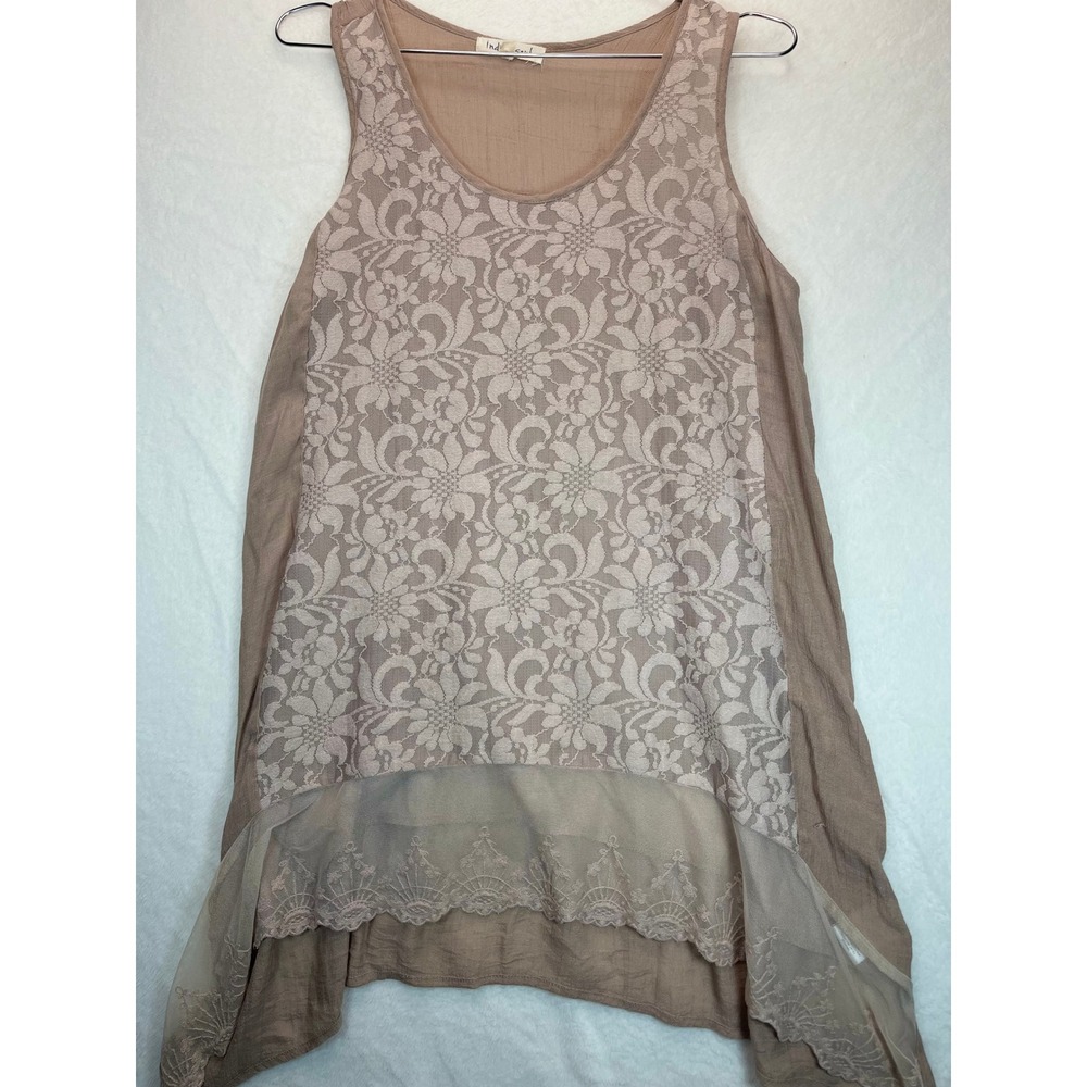 Indigo Soul Lace Tunic Tank Top Small Oversized Taupe Boho Floral Mesh Hem Flowy